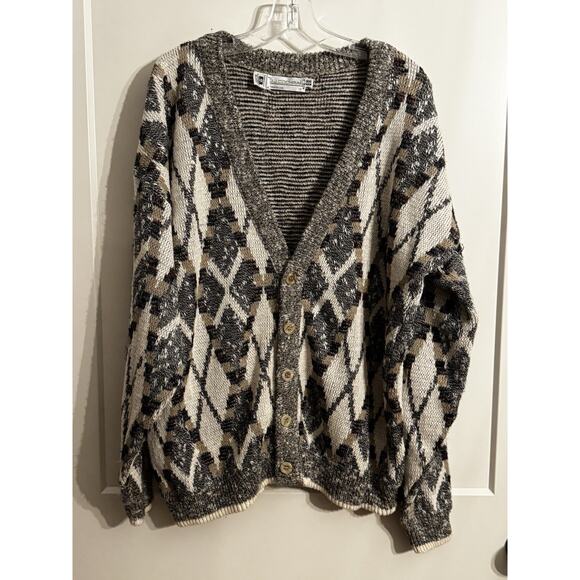 Cream Other - Cardigan JJ Cochran Sweater Retro Gray Cream Beige 1X Geometric Cosby Grandpa